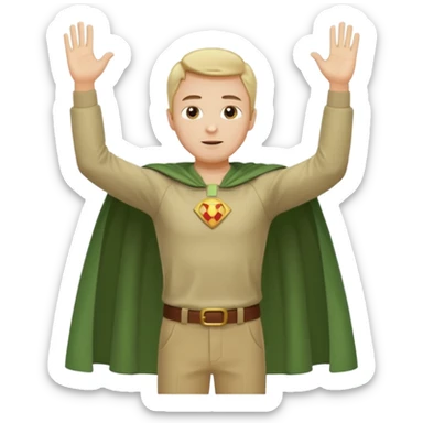 standing up healthy perfect man in simple greenish shirt cape and pants hands raised sticker