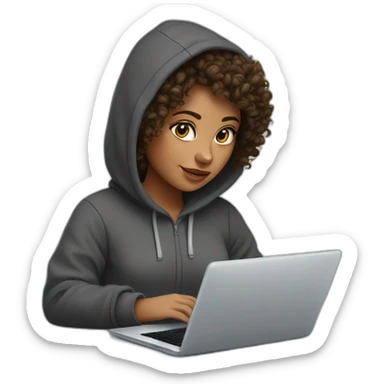 a west eastern tenage curly girl wearing a hoodie working on a laptop sticker