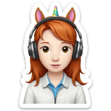 headphone wearing unicorn with dark ginger hair sticker