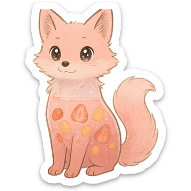 soft fluffy fox with a transparent body, pastel pink, filled with a layered fruit smoothie, sparkling eyes, full-body sticker
