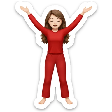 crie uma menina branca com cabelos castanhos longos ondulados, uma roupa de calça e blusa de manga curta na cor vermelho, com braços juntos para cima, olhos fechados e perna levantada sticker