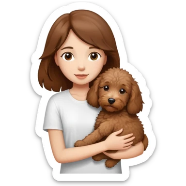 One girl with medium long brown hair dressing white T-shirt, hugging One little brown coated labradoodle. sticker