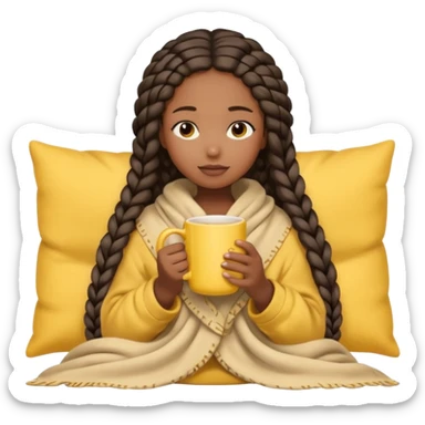 black girl with long braids, eyes closed, holding a yellow mug, wrapped in a light beige blanket, light bow in hair, soft cozy cute emoji style sticker