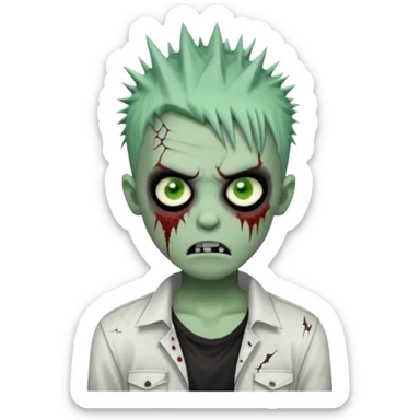 zombie boy with spiky black emo hair, pale green skin, white shirt sticker