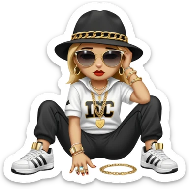 female cat wearing Run DMC hip-hop outfit with tracksuit, fedora, Adidas sneakers, dark sunglasses, many gold chains, rings, bracelets, flashy earrings, lying on the ground in distress, crying sticker