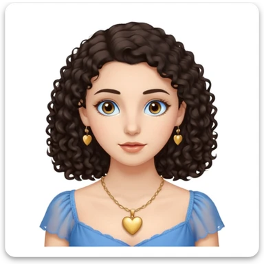white girl, dark curly hair, big brown eyes, oval face, straight nose, full lips, soft eyebrows, wearing a delicate blue dress, a golden heart necklace, long eyelashes  sticker