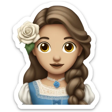 girl with long brown hair and blue Victorian dress holding a whit rose sticker