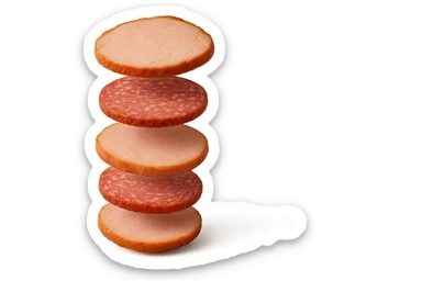 fettine di prosciutto cotto e di salame fluttuano in aria verticalmente, IPERREALISTICA 4K sticker