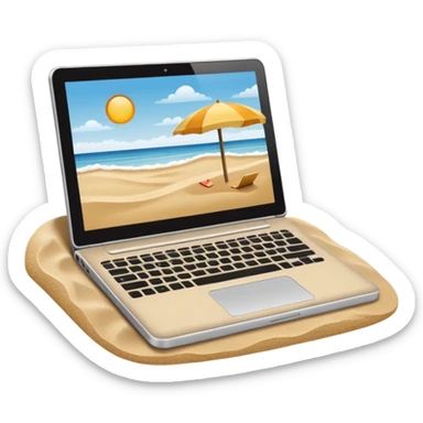  An open laptop in the foreground on the beach. sticker