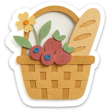 picnic basket with berries, bread, and flowers in warm pastel shades, paper-craft style sticker