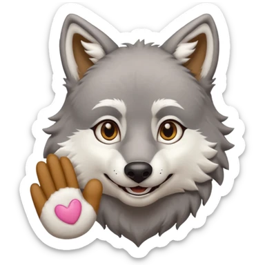 male gray wolf with brown eyes, wearing a white dishdasha, happy face, right hand visible, furry fursuit look emoji style icon sticker