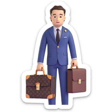 fashionable man wearing Louis Vuitton suit and carrying LV briefcase sticker