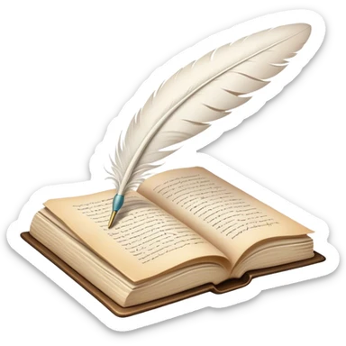 Create a poetic and elegant emoji representing poetry. The design should feature several, gracefully flying pages with short, poetic columns written on them. A white feather quill should be depicted writing on one of the pages, with ink flowing smoothly. The pages should have a soft, antique look, with subtle details to convey the delicate nature of poetry. Use soft, light colors with a romantic, airy feel. Make the background transparent. sticker