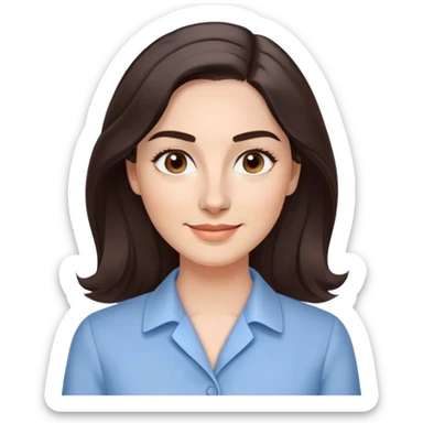Professional woman in her 30s with light complexion, oval face, gentle features, large dark brown eyes, well-formed medium eyebrows, small nose, warm friendly smile, long slightly wavy dark brown hair with soft volume, wearing a light blue dress shirt sticker
