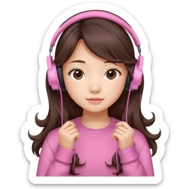 a asian japanese girl with wavy long silky brown hair and no bangs. she has a cute pink gaming headphones. she is wearing a cute pink sweater  sticker