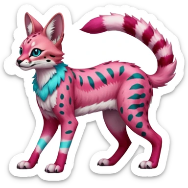 Epic complex detailed sanguine-red magenta pink white pastel realistic aesthetic-scenic-Fakémon-Trico-Sergal-Serval-Vernid-creature with cyan markings  sticker