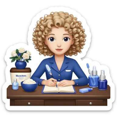 Girl with curly hair with a desk in front of her with blueberries, skin care, white roses, and the girl is doing her hair so there should be a curl mousse curl gel and a diffuser on the desk sticker
