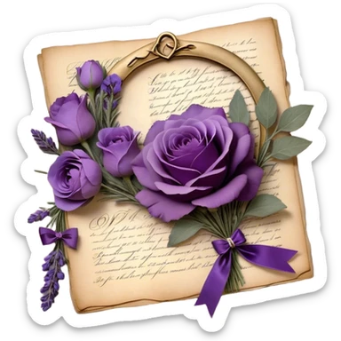 A delicate bouquet of lavender sprigs, dusty mauve roses, and deep violet peonies rests atop an antique love letter, its parchment kissed by time, tied with a silken amethyst ribbon forming an elegant bow. Nearby, a tiny heart-shaped locket gleams softly beneath the glow of a crescent moon, while scattered pressed pansies in shades of lilac and plum whisper forgotten sentiments of devotion. A few golden stars shimmer faintly, caught in the folds of the vintage fabric beneath the bouquet, adding a touch of celestial romance. sticker