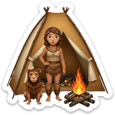 a NEANDERTHAL WOMAN WITH BROWN HAIR STANDING BY A FIRE AND TENT sticker