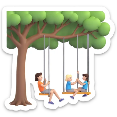 A person pushing a swing with a child sitting on it, outdoors, under a tree, in daylight. The swing is moving back and forth. Focus on the motion of swinging and the person gently pushing it sticker