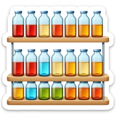 "Each product is stocked in multiple units placed directly behind one another on the same shelf, forming deep horizontal lines of identical items, while different product types are arranged vertically in separate columns." sticker