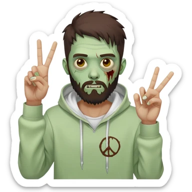 zombie making peace sign, undercut hairstyle with dark brown hair, short full beard, wearing plain white hoodie sticker