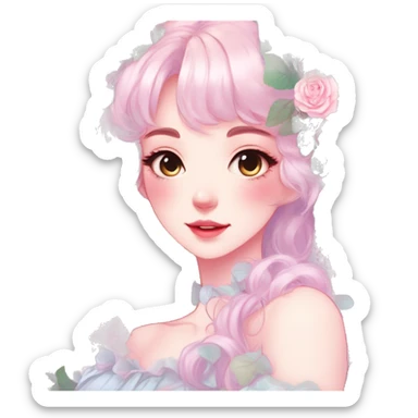 Gorgeous pastel shiny pearly colorful anime style lady with blushing face and roses leaves shiny cottagecore fairycore pastelcore aesthetic trending style sticker