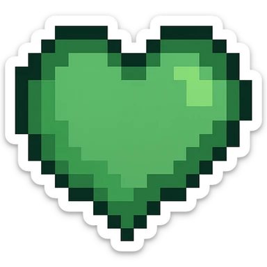 Create a pixel art heart in green color with no background. The style should resemble pixel art. sticker