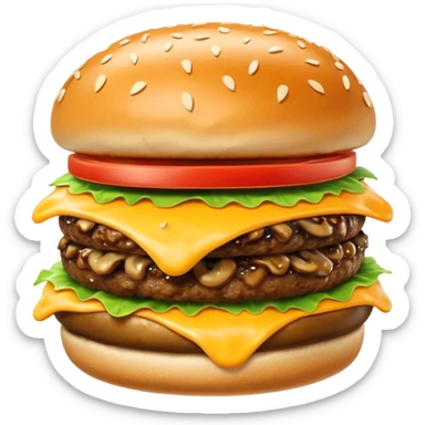 mushroom burger object icon, sauteed mushrooms, beef patty, melted cheese, sesame bun, 3D cartoon, mobile game icon style, clean background, no text, no watermark
 sticker