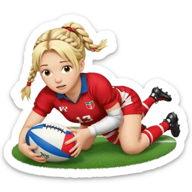 Chica de pelo rubio tirada en el suelo boca abajo agarrando un balón DE RUGBY con las manos vestida con una equipación de color rojo y blanco con líneas y con unas botas de tacos de fútbol, con un bucal en la boca y el pelo con trenzas, se la tienen que ver las 2 piernas  sticker
