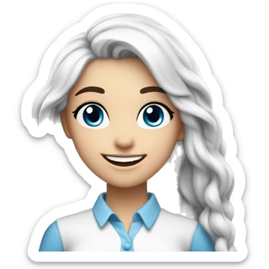 An attractive and impressive girl of European appearance with long blue hair and a white shirt smiles, epic realistic, 4k sticker