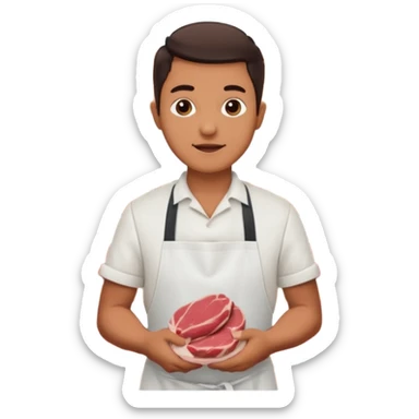 Una carnicería chapala con carnes y un señor promocionando sticker