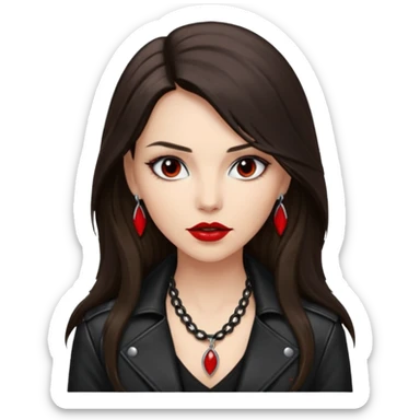 brunette with very long hair in black cuir jacket with red lips and very dark brown eyes and white shirt and mysterious necklace sticker