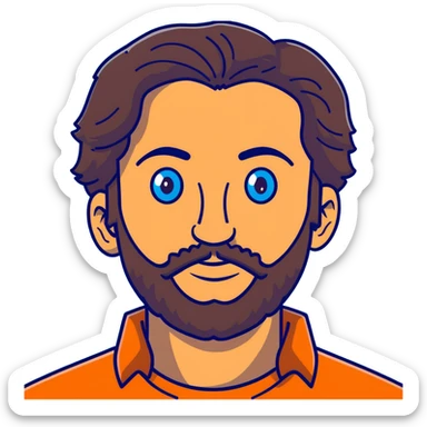 Lebanese man with one blue eye and one brown eye, dark brown longish wavy hair, light beard, closed mouth, kind expression, blue shirt sticker