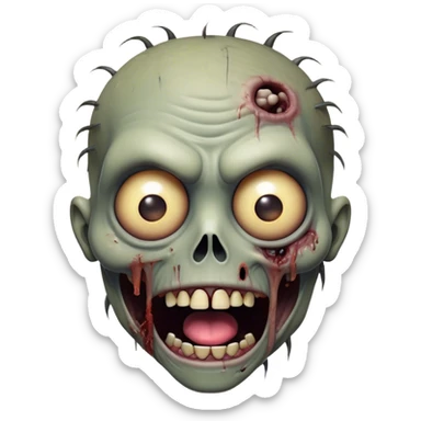 Cinematic Comical Zombie Portrait Emoji, with a grotesquely exaggerated yet playful decaying face in muted ashen tones, head cocked in a dramatically shocked expression with wildly comical, googly eyes and a gaping, silly grin revealing quirky stitches, simplified yet hilariously expressive, highly detailed with a soft eerie glowing outline capturing the absurd humor of a zombie in comic disbelief! sticker