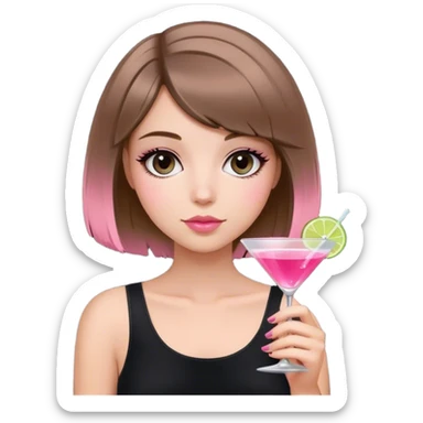 light brunette hair down bob girl black top holding a pink cosmo sticker