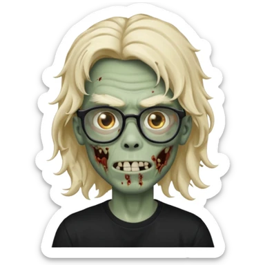 A zombie boy with long, wavy, falling hair, non-oval glasses, and a black t-shirt. sticker