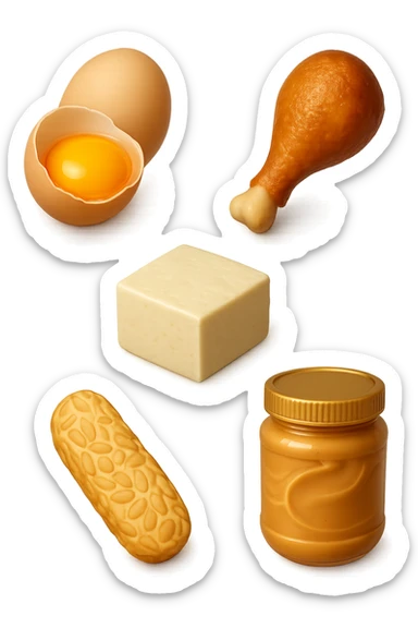 EMOJI STILE IPHONE DI
 uova, pollo, tofu, tempeh, burro di arachidi
, fluttuano in aria REALISTICA 4K sticker