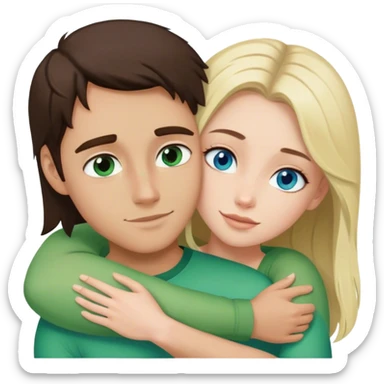 A beautiful brunette girl with greens hugs a blond guy with blue eyes sticker