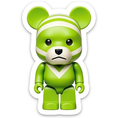 authentic bearbrick figure with geometric bear head, lime green mask with Off-White diagonal stripes logo, distinct eyebrows, collectible toy sticker