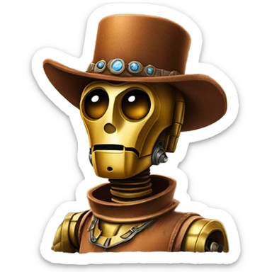 wild west Bounty hunter C3po wearing a small hat relaxed pose bearded rusty sticker