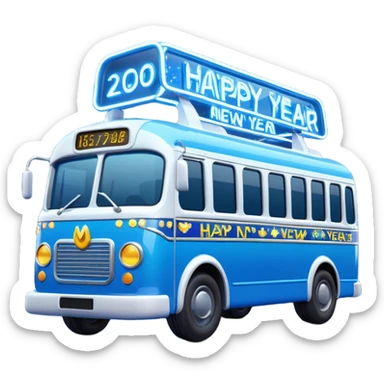3D emoji of a modern blue
Moscow Electrobus decorated with glowing neon Christmas lights and a
"Happy New Year" digital sign on the front. Stylized 3D model, glossy finish, cute proportions, vibrant blue color, isolated on a white background. sticker