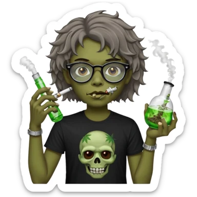 brown short wavy haired zombie getting stoned with weed t shirt and bong on his hand and wearing black chrome hearts bifocals sticker