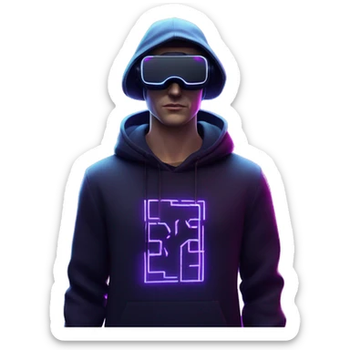 Russian man wearing a black hoodie with "OMG" letters on it and VR headset in a cyberpunk VR environment with violet neon lighting. sticker