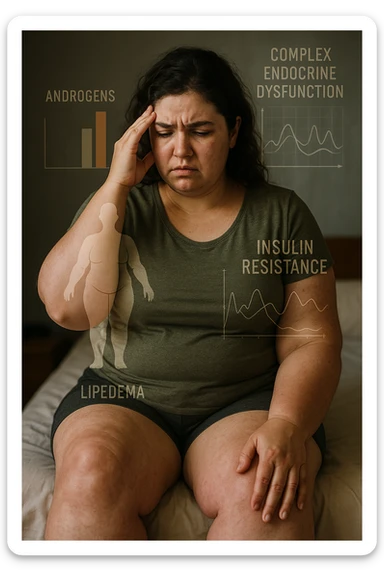 cinematic realistic in italiano Woman with PCOS struggling with hormonal chaos, transparent overlay showing elevated androgens and insulin resistance affecting her body, lipedema causing disproportionate fat accumulation in legs and arms despite normal torso, expression of frustration with unexplained weight gain, medical charts showing complex endocrine dysfunction, painful swollen limbs contrasting with metabolic confusion in italiano sticker