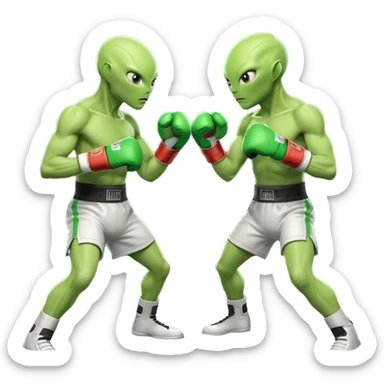 two aliens boxing in a fight stance, facing each other with raised gloves, dynamic action pose, intense expressions, sci-fi arena vibe, 3D cartoon style, mobile game icon style, clean background, no text, no watermark
 sticker