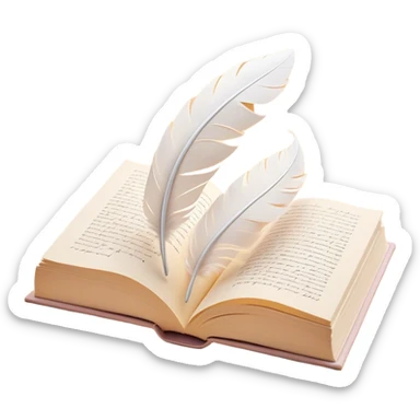 Create a delicate and poetic emoji representing poetry. The design should feature several elegantly flying pages with short poetic columns written on them. The pages should appear light and flowing, almost as if being carried by the wind. Include a white feather gently resting on the pages, symbolizing creativity and inspiration. Use soft, pastel tones like light creams to give it a dreamy, artistic feel. The design should feel ethereal and whimsical, capturing the essence of poetry. Make the background transparent. sticker