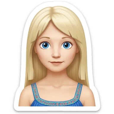 50 yr old white woman, hippie parted very long hair, short bangs, very long straight blond hair, oval face, small smile, blue eyes, thin face, hair downback, hair parted at center of head, round cheeks, pale, longer hair, white evening dress sticker