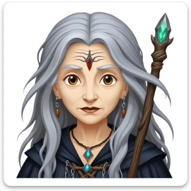 Baba Yaga sorceress woman with long wild hair, forest background sticker