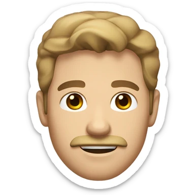 A caucasian guy with a chizeled jaw line and a 70-30 light brown hair part and stubble beard with moustache sticker